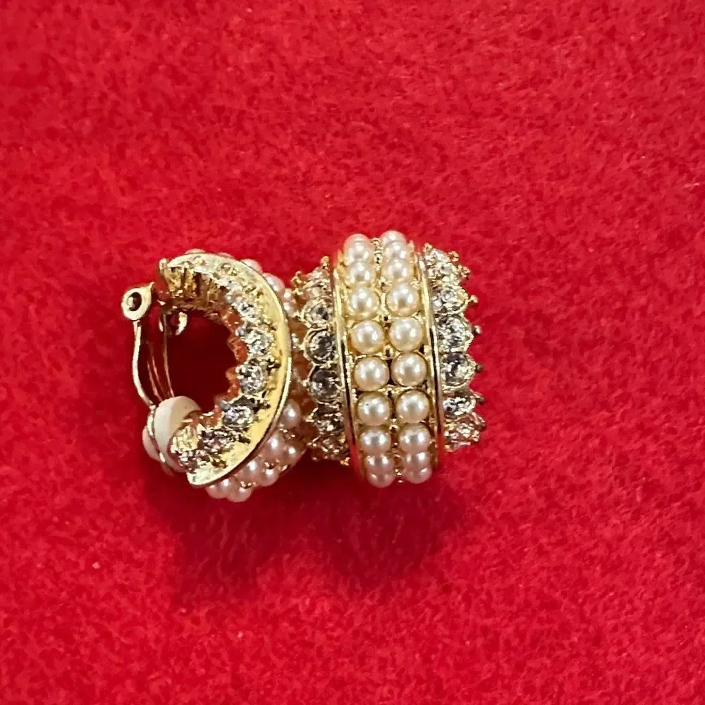 Joan Rivers RARE Stamped Pearl and CZ Half Hoop Clip On Earrings